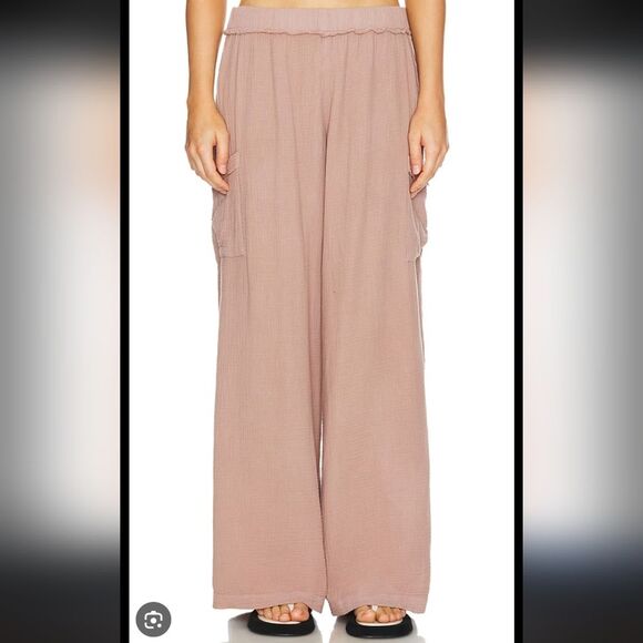 Monrow Gauze Wide Leg Cargo in Pecan Cotton Pull On Elastic High Waist Size XS - Picture 1 of 12